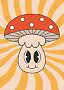 Fungo illustrato carino con cappello rosso su sfondo ondulato arancione e beige