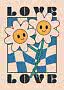 Illustration of two smiling daisies over a blue checkered background with the word LOVE