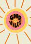 Retro-Illustration einer Sonne mit "Good Vibes"-Text und Friedenszeichen in der Mitte