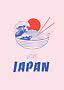 Illustration einer Ramenschale mit Welle, Nudeln, Essstäbchen und roter Sonne, dazu „Love Japan“