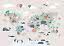 Illustrated world map with animals, oceans, hot air balloons and airplane above the continents