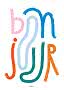 Abstraktes Poster mit bunten, handgemalten Buchstabenformen auf weißem Hintergrund