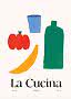 Abstraktes Küchenposter mit roter Paprika, gelber Banane, blauem Becher und grüner Flasche