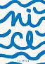 Abstraktes Poster mit blauen Wellenformen und dem Wort "nice" auf weißem Hintergrund
