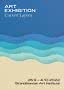 Art exhibition poster with layered blue waves and the text "Art Exhibition: Curved Layers".