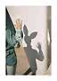 Person in a light green jacket reaches toward a wall, with a bunny-ear shadow in sunlight