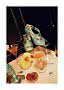 Turquoise glitter high-heel sandal on a cocktail glass on a table with drinks and jewelry