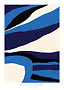 Abstract poster with wavy shapes in blue, cream, black and dark purple, with text "Nuance of summer"