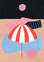 Abstract beach scene with red and white umbrella, blue towels and pink sun against black sky