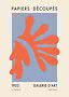 Abstract art poster with orange organic shape on blue background and French text.