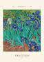 Poster di Iris di Van Gogh, con iris blu e bianchi in un giardino rigoglioso, con testo e data 1889.