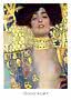 Konstposter med Gustav Klimt-porträtt av kvinna med mörkt hår, gyllene bakgrund och bred halskrage