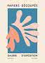 Abstract poster with cutout leaf shapes in pink and coral on blue background with French text