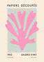 Abstract art poster with large pink leaf shape, "Papiers Découpés" text, and gallery details.