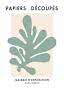 Abstract poster with sage green leaf shape on beige background and French text