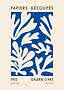 Abstract poster with blue cut-out leaf shapes on a cream background and French gallery text.