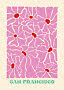 Abstrakt San Francisco-poster med rosa organiska former, röda accenter och grön text längst ner