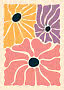 Abstrakt blomillustration med stora gula, lila och rosa blommor på krämfärgad bakgrund