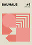 Plakat Bauhaus z geometrycznymi kształtami w różu i koralu oraz napisem #1 1919–1933