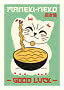 Illustration af en smilende maneki-neko med nudelskål og teksten "Good Luck" på grøn baggrund