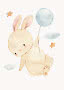 Watercolor of a cute beige bunny holding a blue balloon with clouds and stars