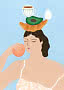 Illustration einer Frau mit Pfirsich, auf dem Kopf Croissant, Avocado, Ei und Kaffeetasse