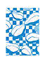 Blue and white art print with stylized pears on a checkered background