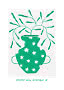 Green illustrated vase with white stars and long leafy branches on a white background