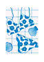 Blue and white illustration of floral bikini bottoms on a grid background with seashells