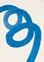 Abstract painting with broad blue looped brushstrokes on an off-white background