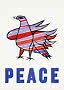 Illustration of a striped bird in purple, red and white with the word PEACE