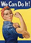 Vintage-Poster mit Frau in blauem Hemd und rotem gepunktetem Kopftuch, die ihren Muskel zeigt, Text: We Can Do It!