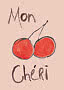 Illustrazione dipinta a mano di due ciliegie rosse su sfondo rosa con la scritta "Mon Cheri"