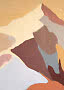 Peinture abstraite aux formes montagneuses en tons beige, brun, bleu et orange