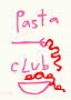 Abstraktes Poster mit pinkem Schriftzug „Pasta Club“ und roter Wellenlinie über einer Schale