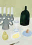 Gemaltes Stillleben mit grauem Kerzenhalter, dunkler Flasche, Glas, Birne, Butter, Ei und Messer
