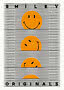 Grafisk plakat med teksten "Smiley Originals" og fire orange smileys bag sorte vandrette striber