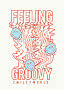 Stampa grafica con scritta "Feeling Groovy SmileyWorld" e tre faccine blu tra linee arancioni ondulate