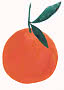 Illustration of an orange with green stem and two leaves on a white background