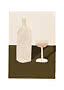 Minimalist art print with pale bottle and wine glass on a dark table
