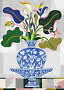 Kleurrijke bloemenillustratie in blauwe siervaas met grote groene en blauwe bladeren op lichte achtergrond