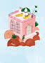 Illustration eines rosa Hotels auf Felsen im Meer mit Dachterrasse, Liegen und entspannten Frauen