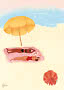 Illustration von zwei Frauen auf einer Stranddecke unter einem Sonnenschirm mit Snacks und Einsiedlerkrebs