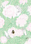 Illustration of a woman among pink flowers and green leaves with a bee on one bloom