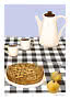 Illustration af æbletærte, kaffekande, to kopper og æbler på sort-hvid ternet dug