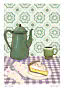 Illustration af grøn kaffekande, kop kaffe og citronmarengstærte på lilla ternet dug.