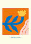 Abstraktes Poster mit blauer Tulpe auf orangefarbenem Hintergrund und Text "tulip time in holland"