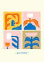 Poster astratto con quattro pannelli floreali colorati e la scritta "grow something" in basso