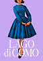 Vintage illustration of woman in a blue long-sleeve dress with full skirt on a purple background.