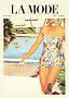 Vintage modemagasin-forside med kvinde i blomstrede badedragt ved pool